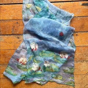 Vintage Monet Water Lillies fine art sheer silk scarf wrap 11.5x63”